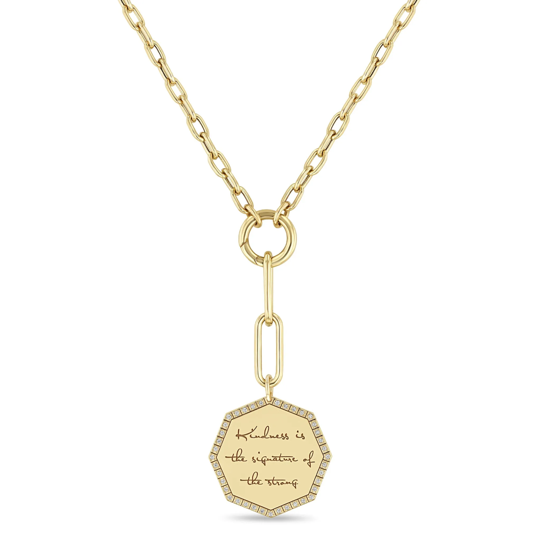 14k Large Kindness is the signature of the strong Diamond Octagon Mantra Mixed Chain Lariat