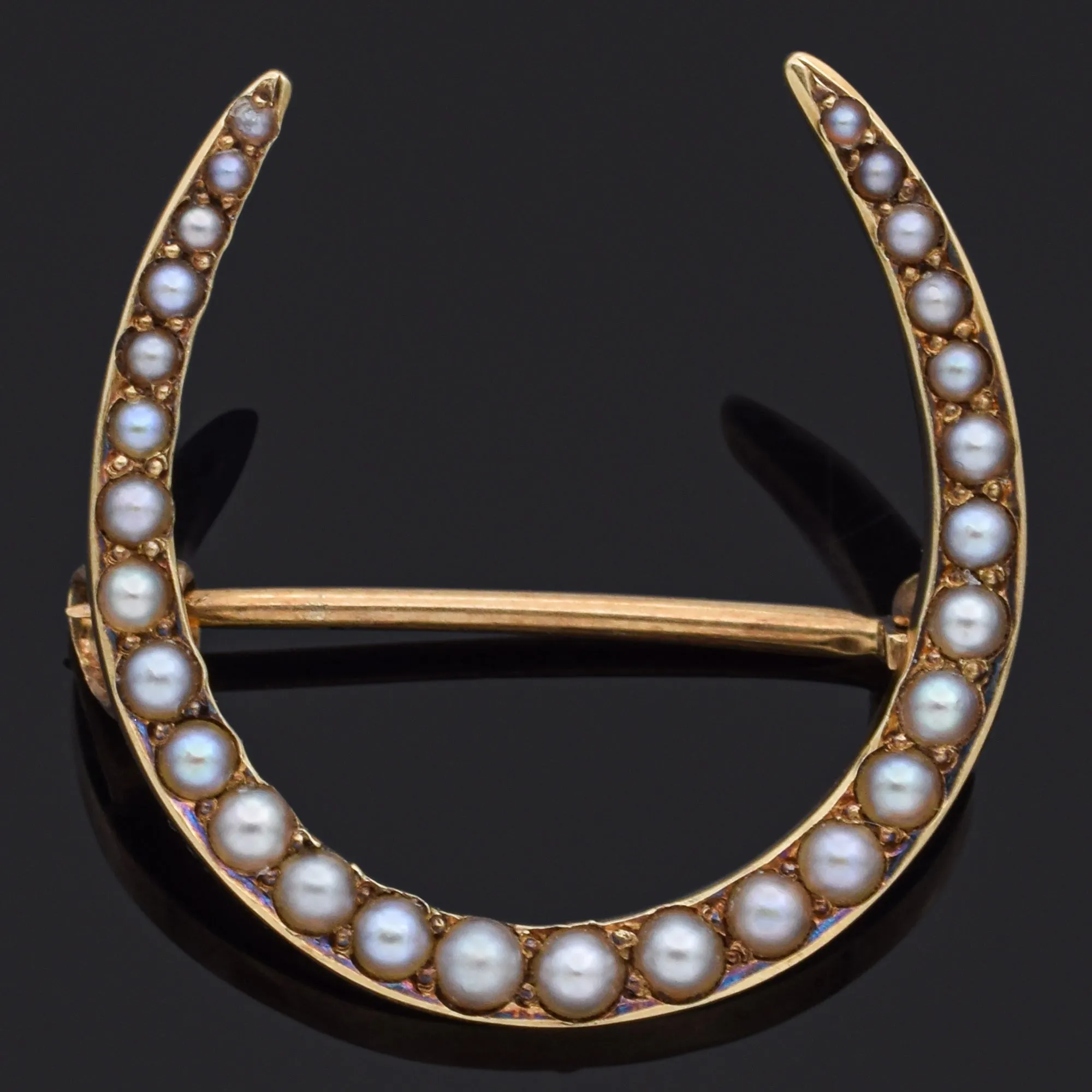 Antique 14K Yellow Gold Pearl Horseshoe Brooch Pin