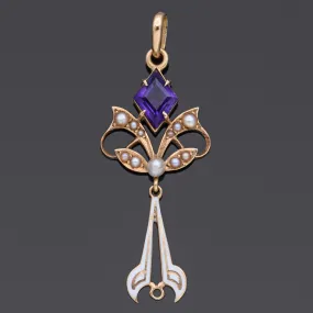 Antique Victorian 14K Yellow Gold Amethyst & Pearl Enamel Pendant