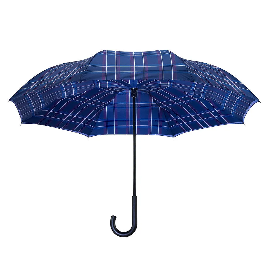 Blue Plaid Reverse Close Umbrella Folding