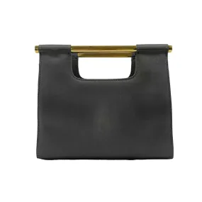 CHANEL - Vintage Satin / Leather Carry Clutch - Dark Grey / Gold Handbag