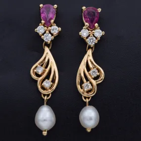 Estate 14K Yellow Gold Pearl, Ruby & 0.36 TCW Diamond Drop Earrings