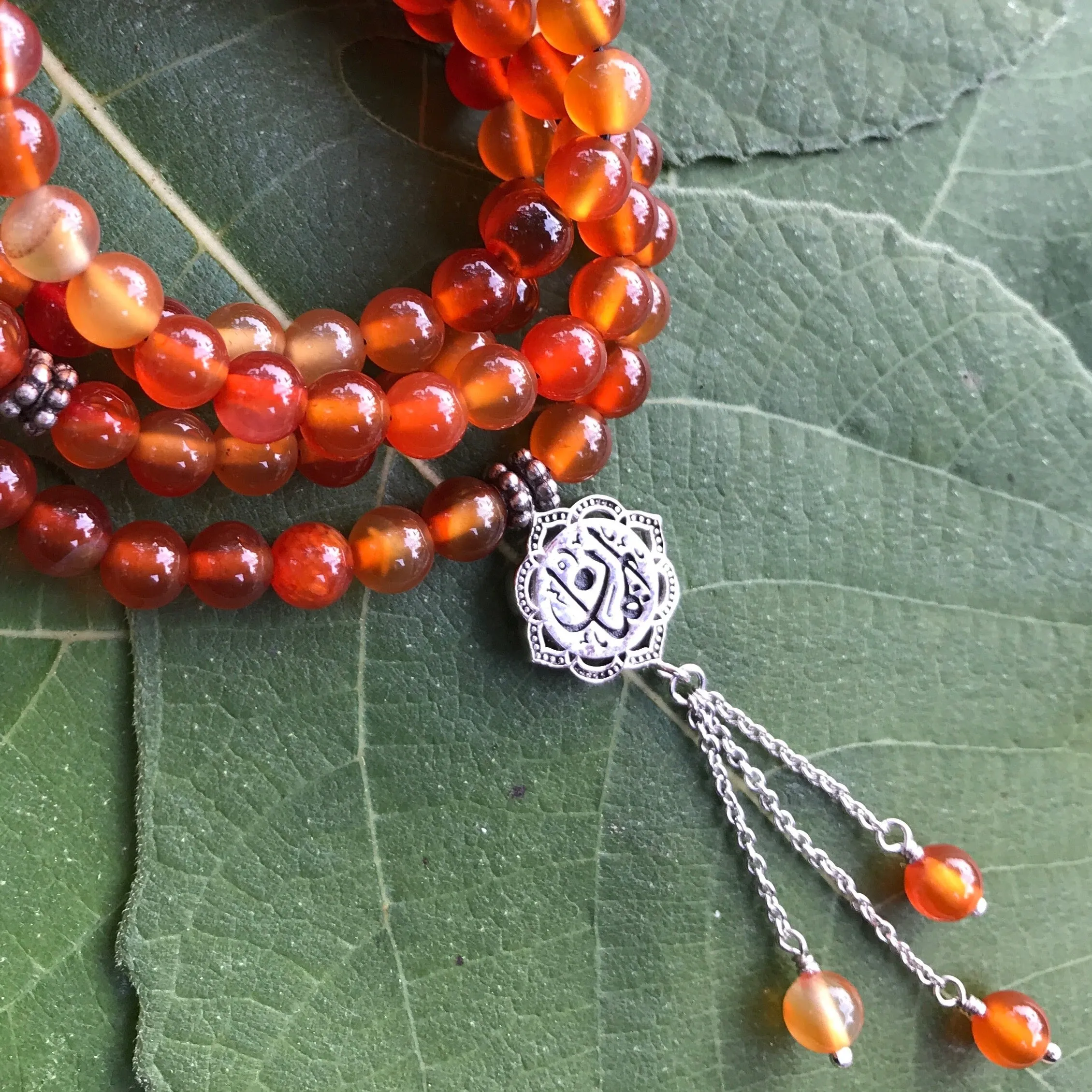 Faith Arabic calligraphy prayer beads: carnelian (aqeeq) tasbih