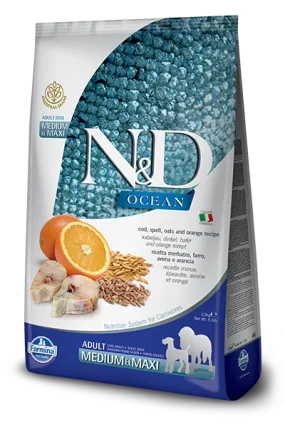 Farmina Ocean N&D Natural & Delicious Medium & Maxi Adult Cod, Spelt, Oats & Orange Dry Dog Food