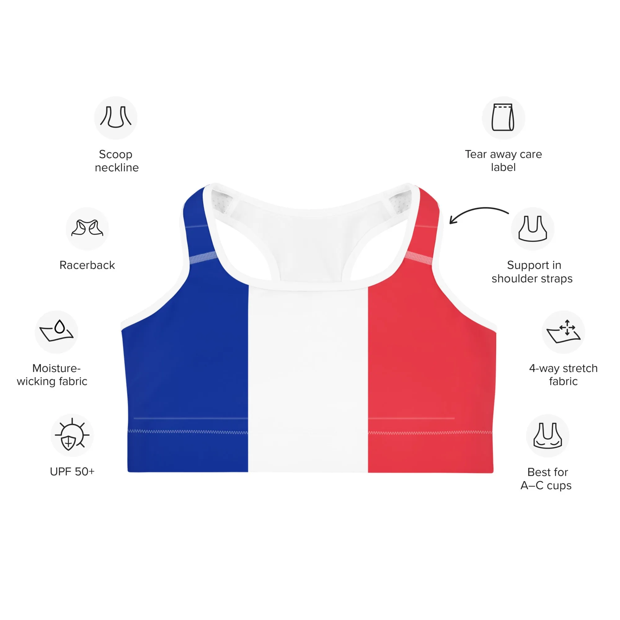 France Flag Sports Bra - Moisture-Wicking Four-Way Stretch Polyester Spandex Blend and Wide Elastic Band