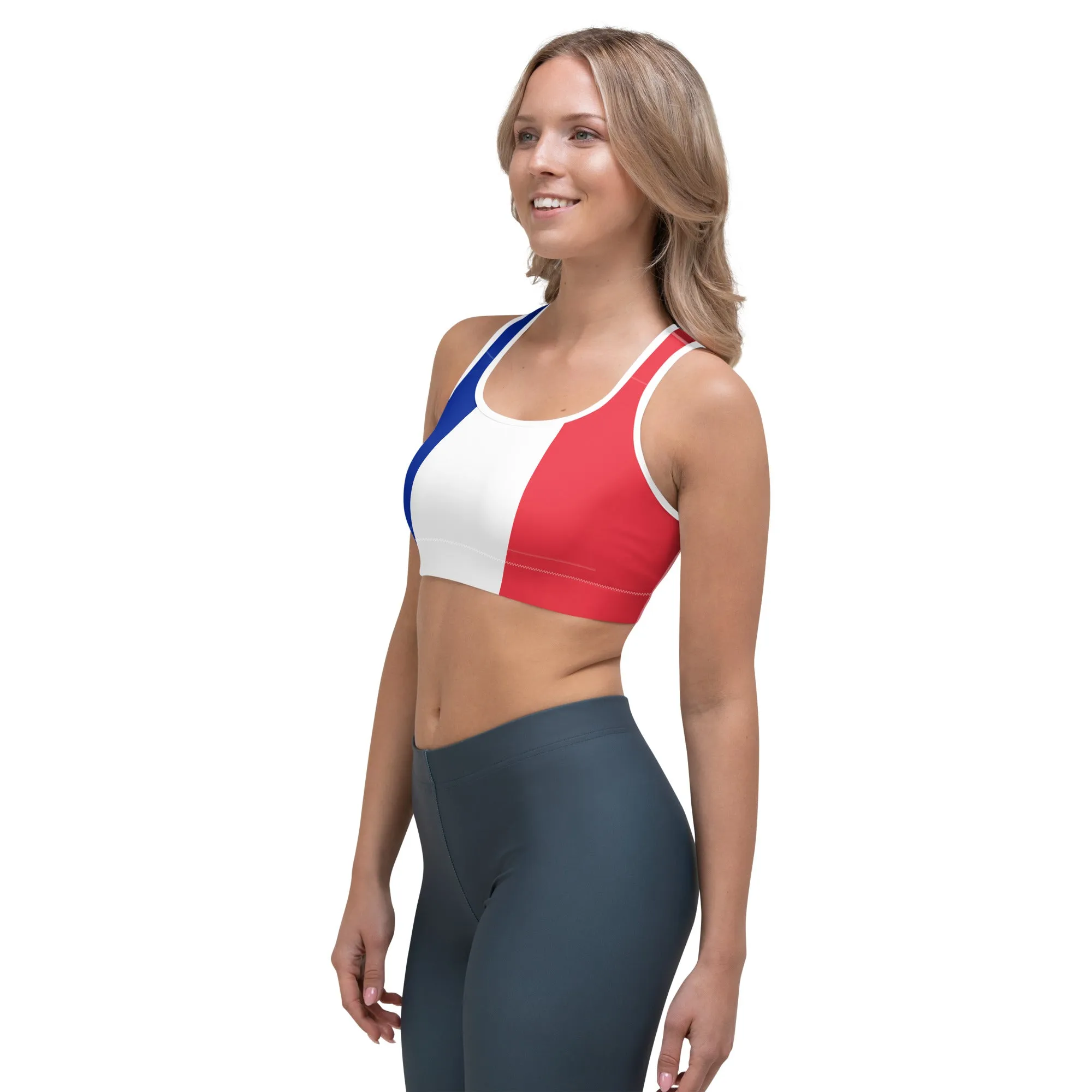 France Flag Sports Bra - Moisture-Wicking Four-Way Stretch Polyester Spandex Blend and Wide Elastic Band