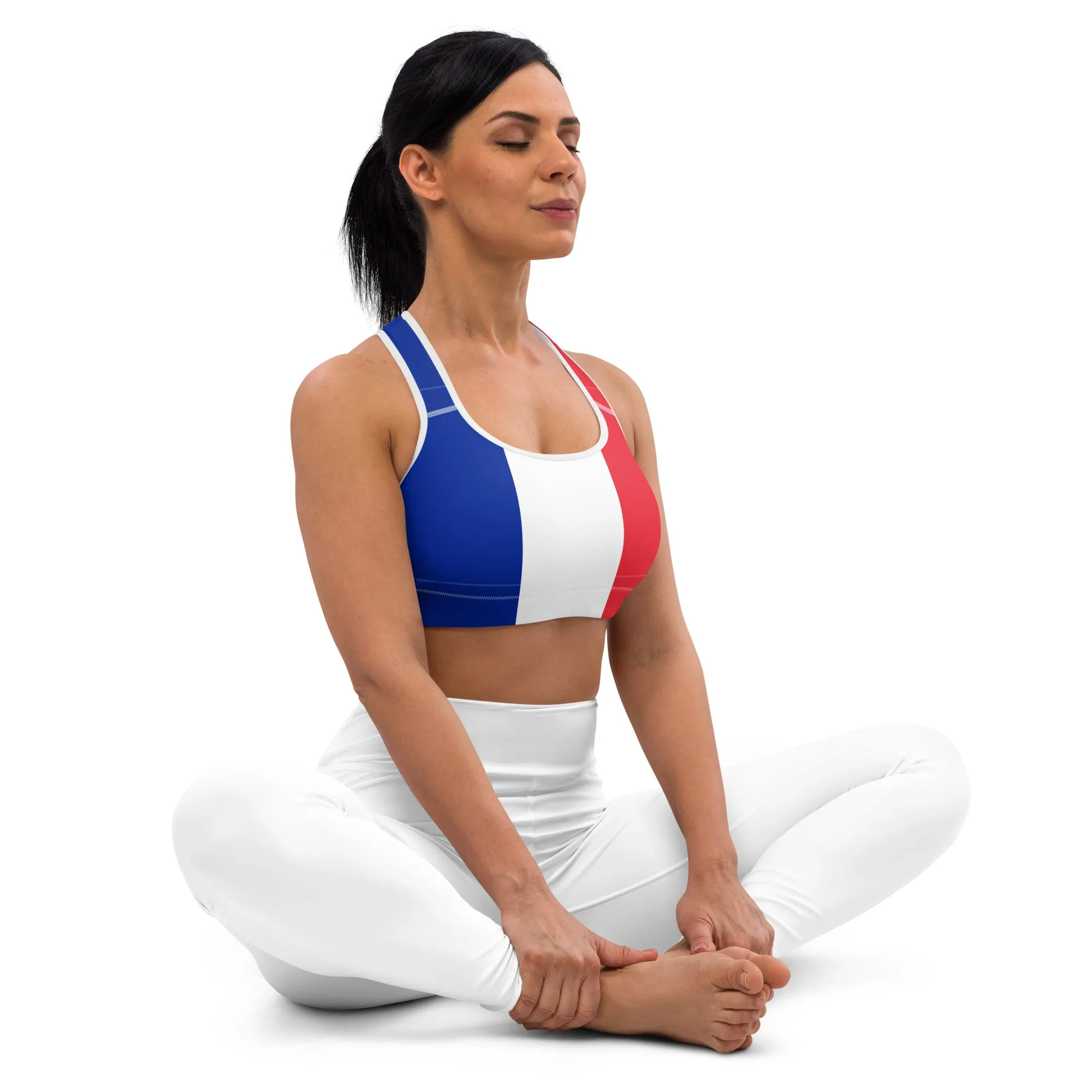 France Flag Sports Bra - Moisture-Wicking Four-Way Stretch Polyester Spandex Blend and Wide Elastic Band