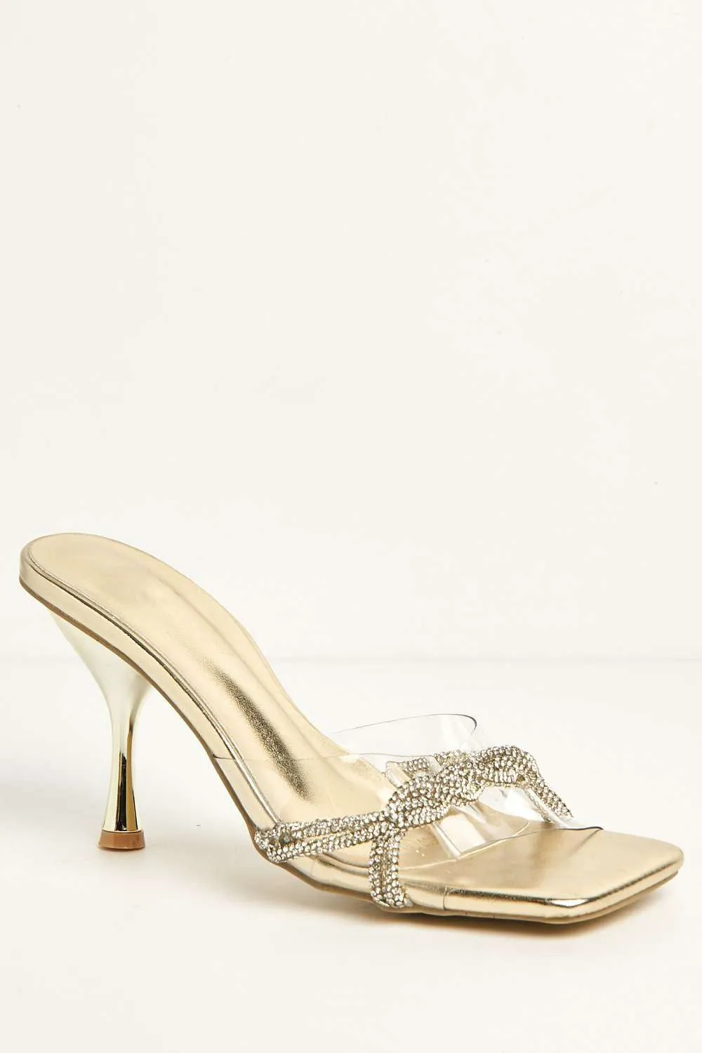 Galee Diamante Plaited Detail Perspex Heeled Mules in Gold