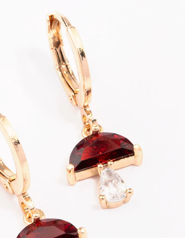 Gold Ruby Mushroom Drop Huggie Hoop Earrings