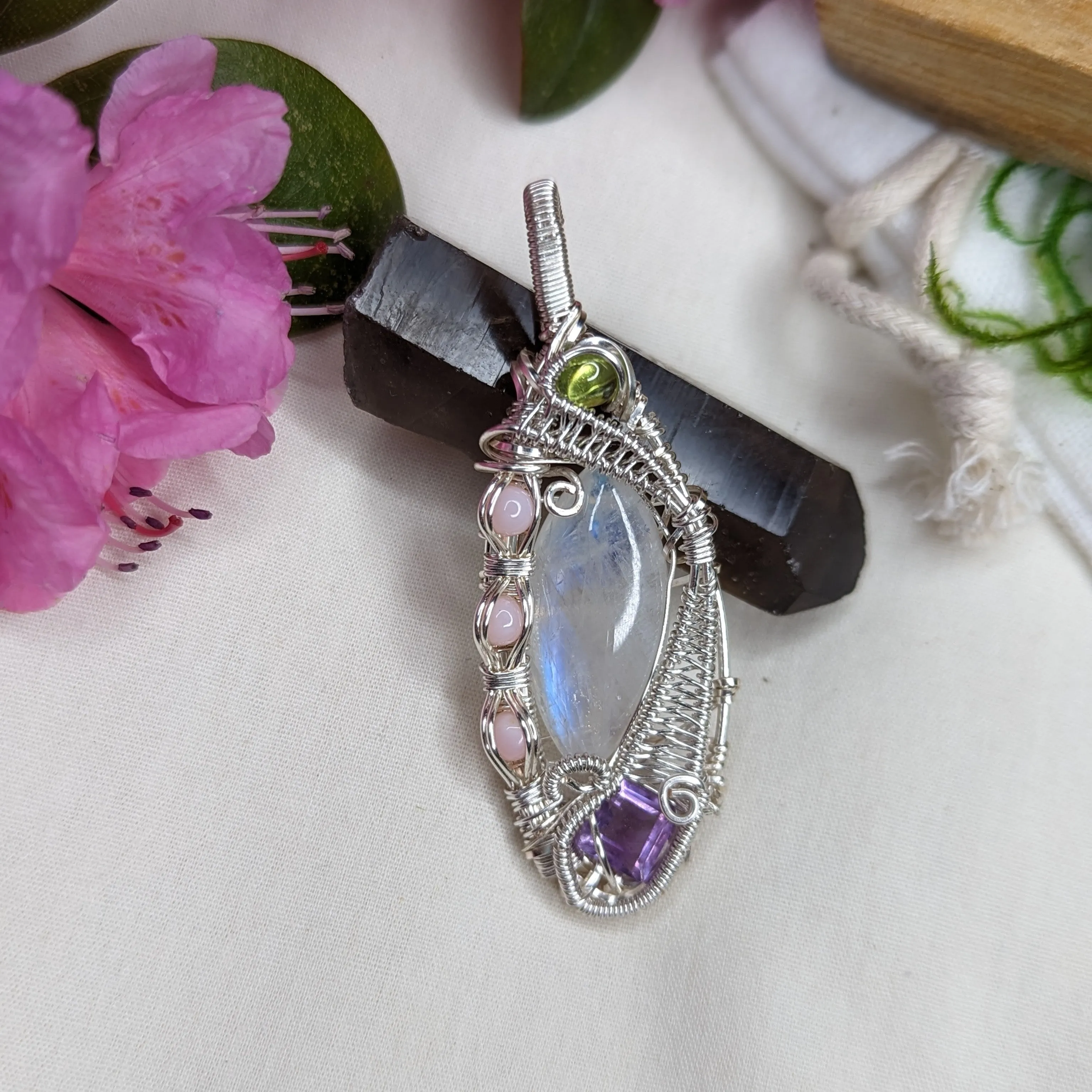 Gorgeous Moonstone Pendant with Peridot, Amethyst and Pink Opal ~ Wire Wrapped ~ Includes Silver Chain