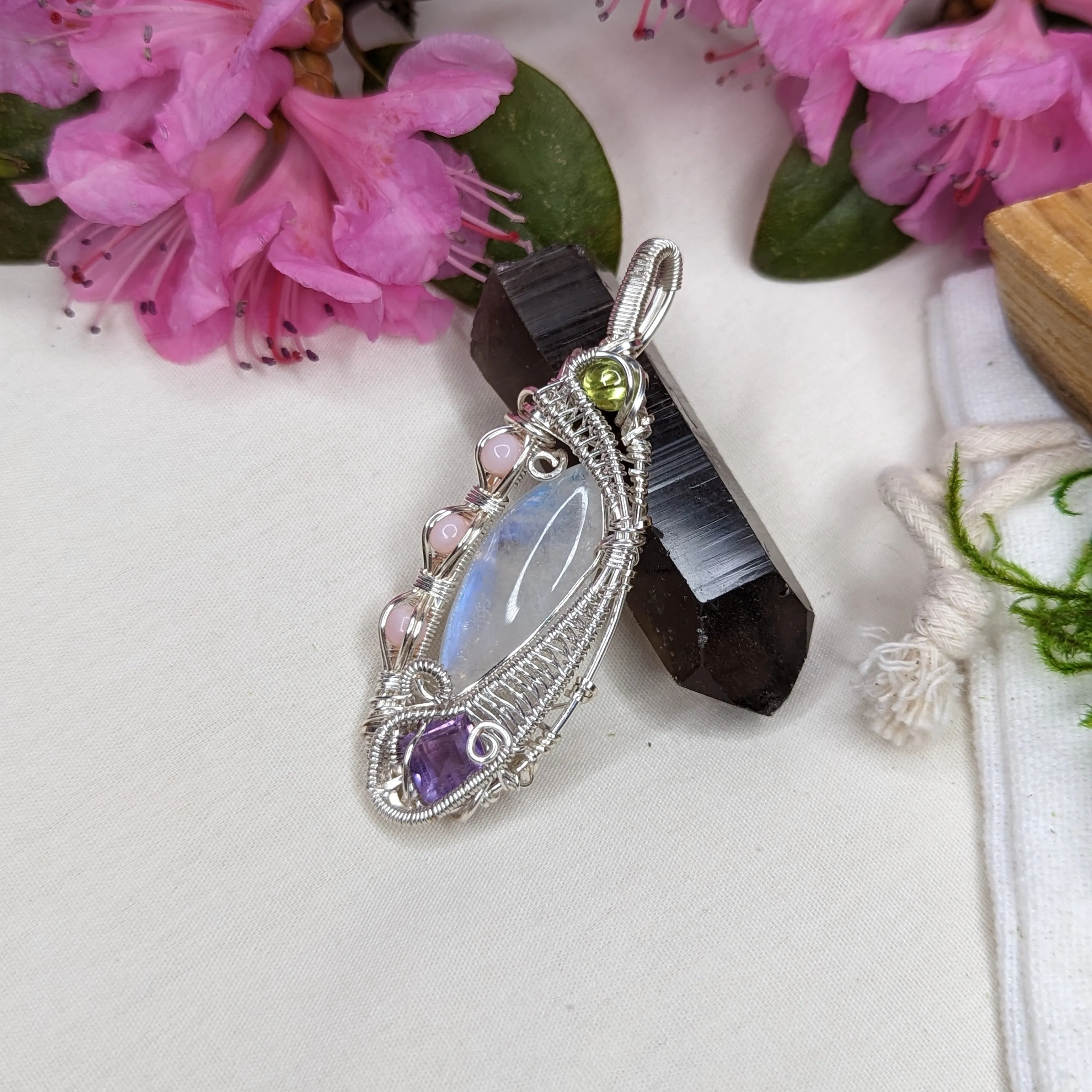 Gorgeous Moonstone Pendant with Peridot, Amethyst and Pink Opal ~ Wire Wrapped ~ Includes Silver Chain