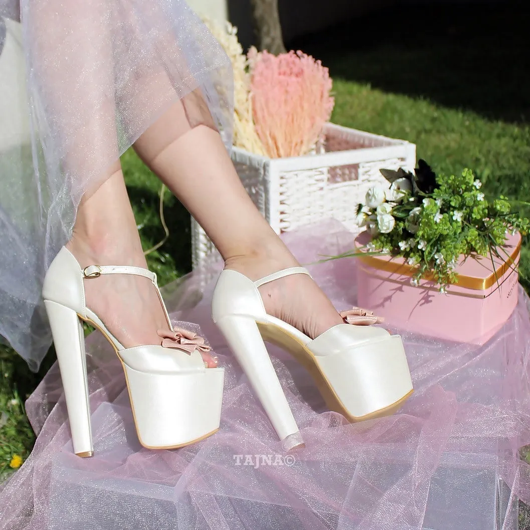 Ivory White Pink Ribbon High Heel Platform Bride Shoes