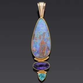 KID Signed 22K & 14K Yellow Gold Boulder Opal, Amethyst & Aquamarine Pendant