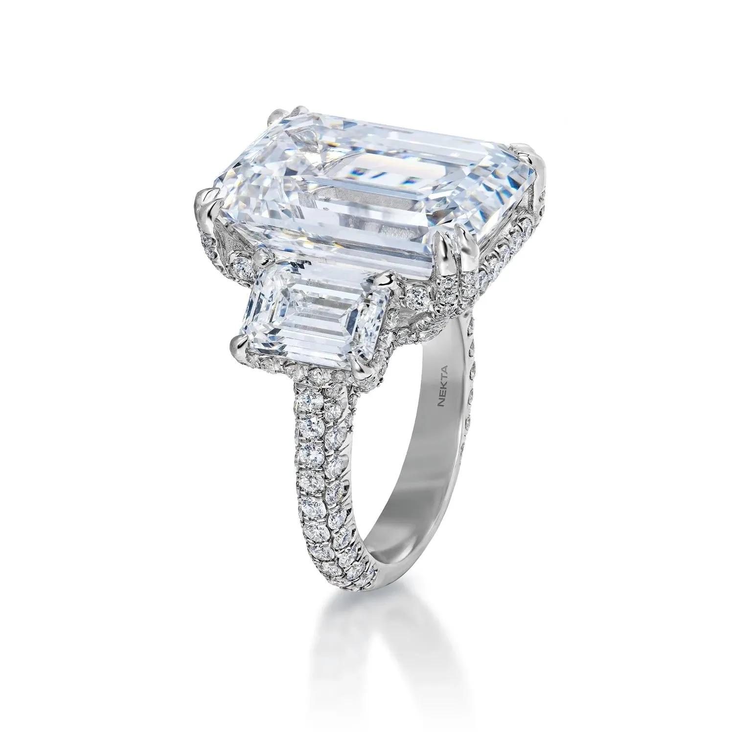 Lianna 25 Carat F VVS2 Emerald Cut Lab Grown Diamond Engagement Ring Three Stone in Platinum