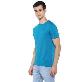 Men's Aqua Blue Solid Slim Fit Round Neck Cotton T-Shirt