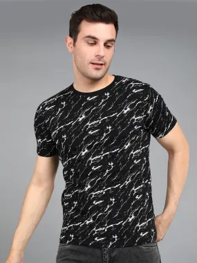 Men's Black Printed Round Neck Half Sleeve Slim Fit Cotton T-Shirt