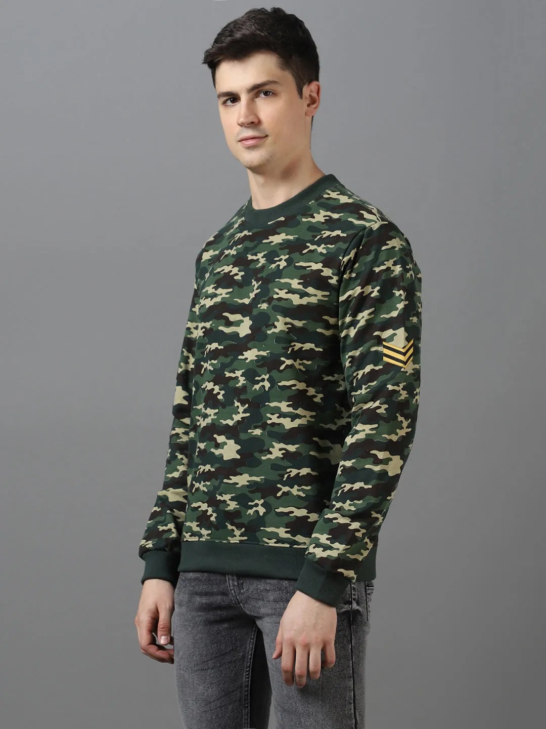 Men's Green Cotton Camouflage Printed Round Neck Sweatshirt