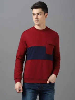 Men's Maroon Cotton Color Block Round Neck Sweatshirt