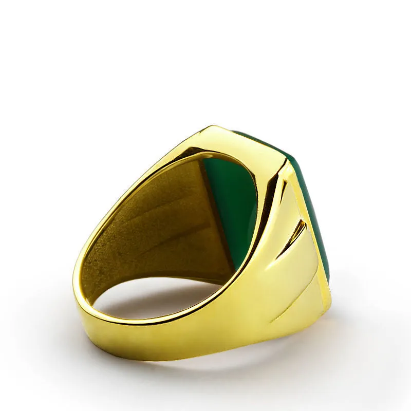 Men's Ring in 14k Yellow Gold with Natural Green Agate Stone