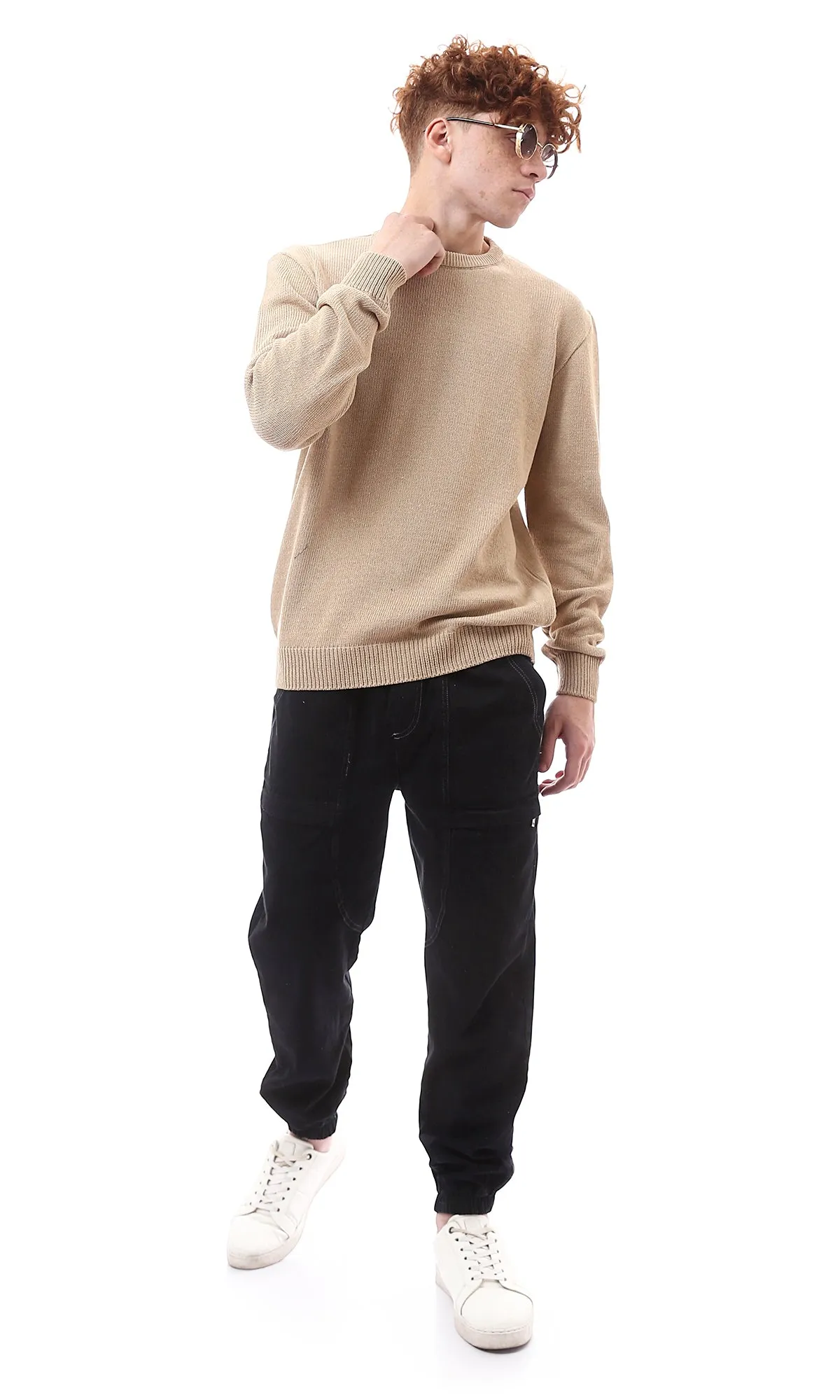 O174205 Ribbed Crew Neck & Hem Dark Beige Pullover