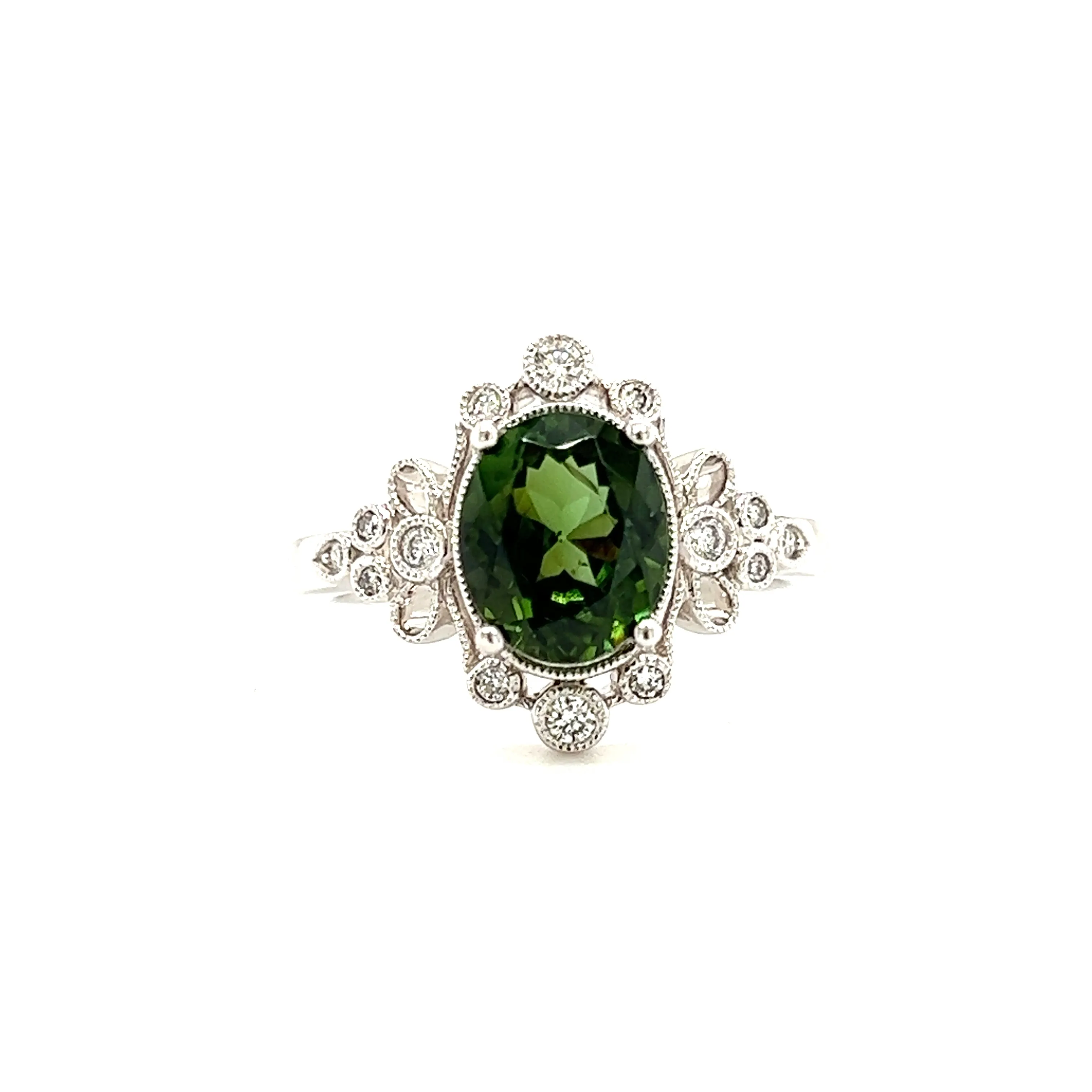 Oval Green Tourmaline Ring with Side Diamonds in 14K White Gold