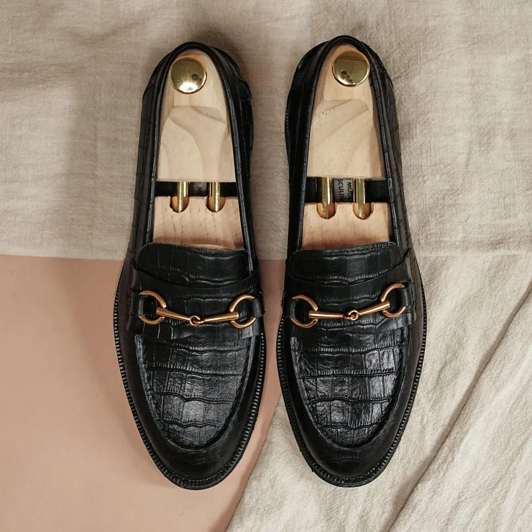 Penny Loafer Horsebit Buckle - Black Croco Leather (Crepe Sole)