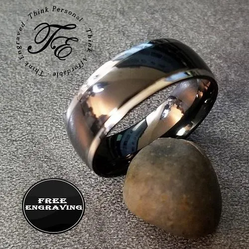 Personalized Men's Titanium Wedding Band - Black With Silver Beveled Edges