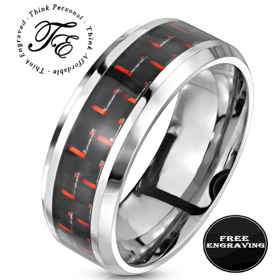 Personalized Women's Promise Ring - Carbon Fiber Inlay Stainless Steel