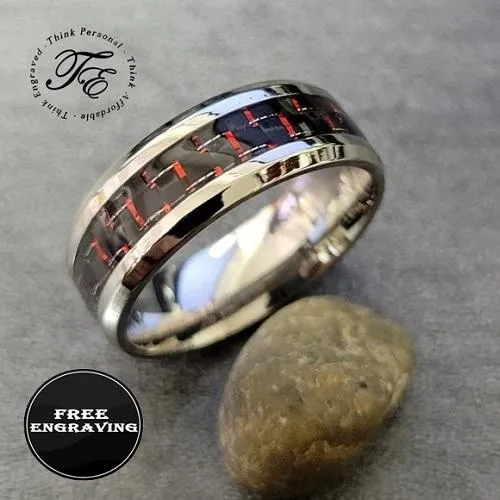 Personalized Women's Promise Ring - Carbon Fiber Inlay Stainless Steel