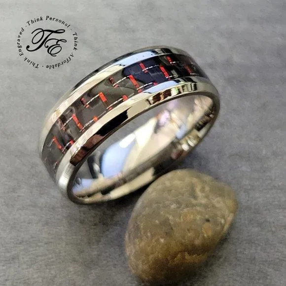 Personalized Women's Promise Ring - Carbon Fiber Inlay Stainless Steel