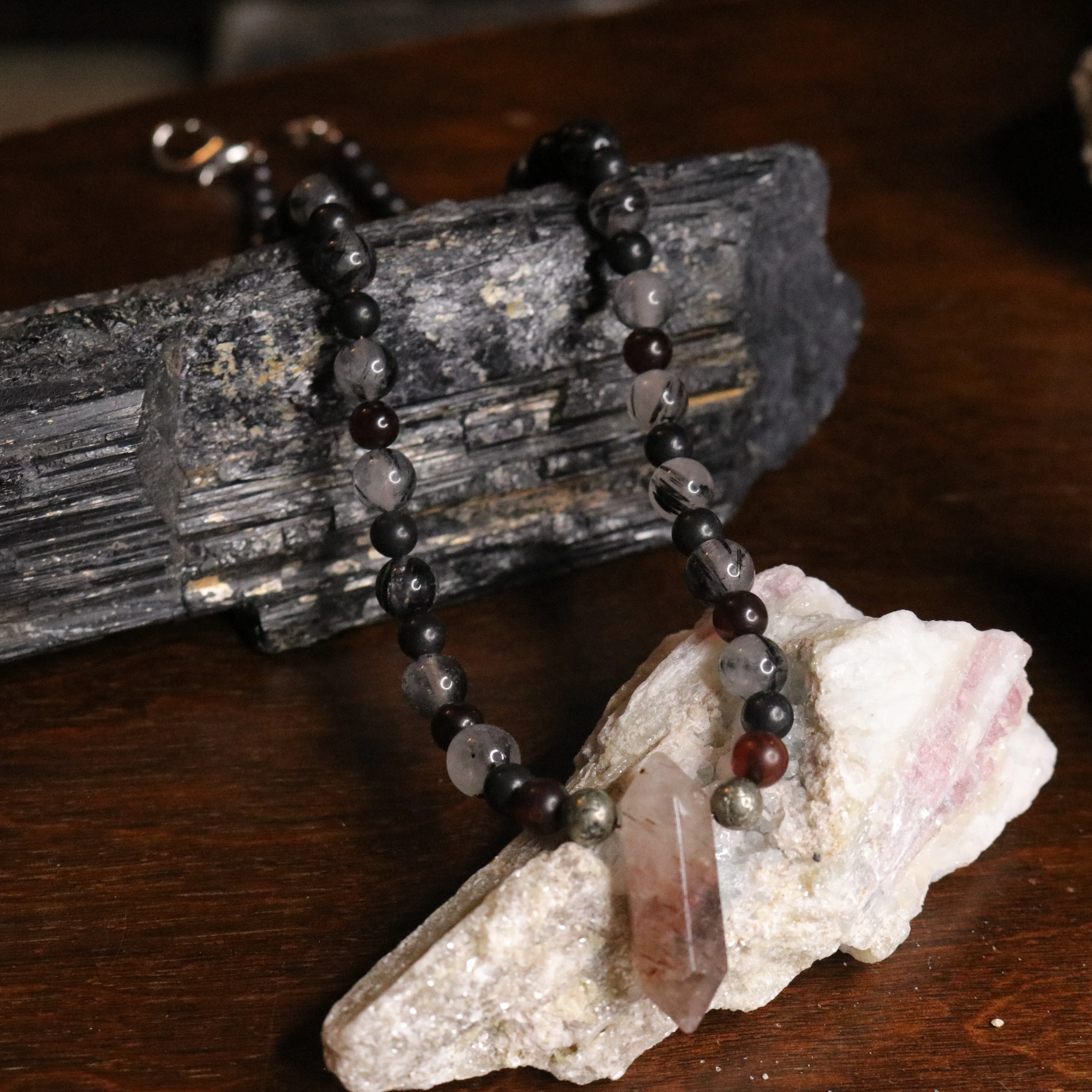 Phantom Quartz, Baltic Amber, Shungite, Hematite and Tourmalated Quartz Gemstone Neckalce