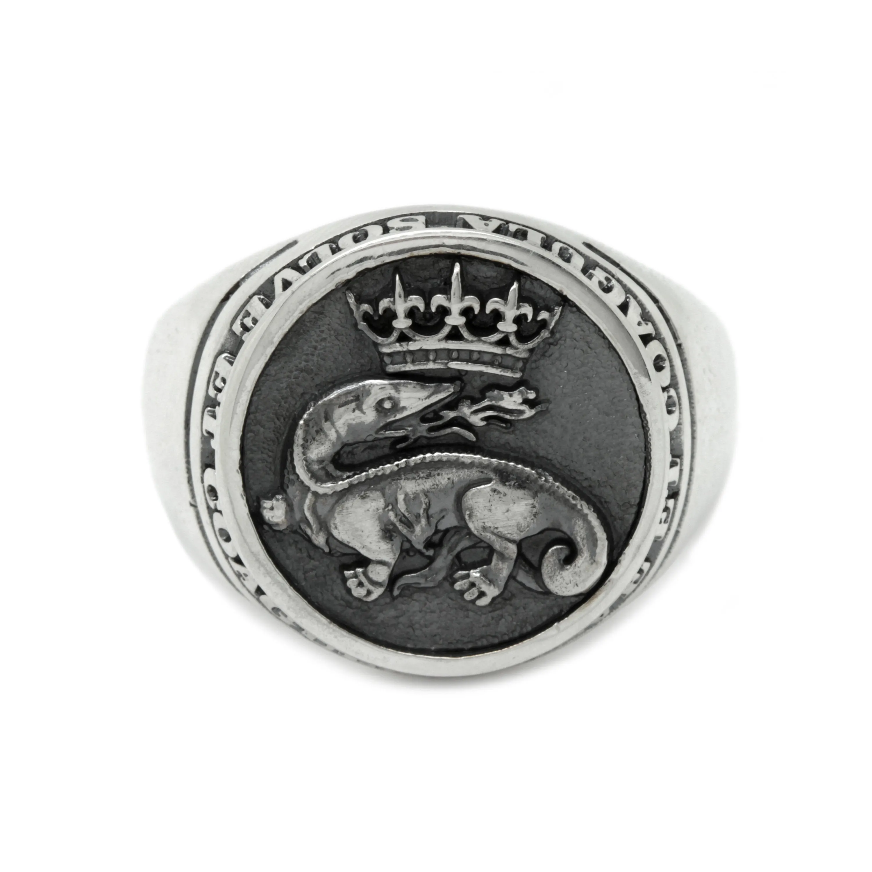 Salamander Breath Fire with Crown, Solve et Coagula, Alchemy Ring Occult Signet Mens Ring Silver 925