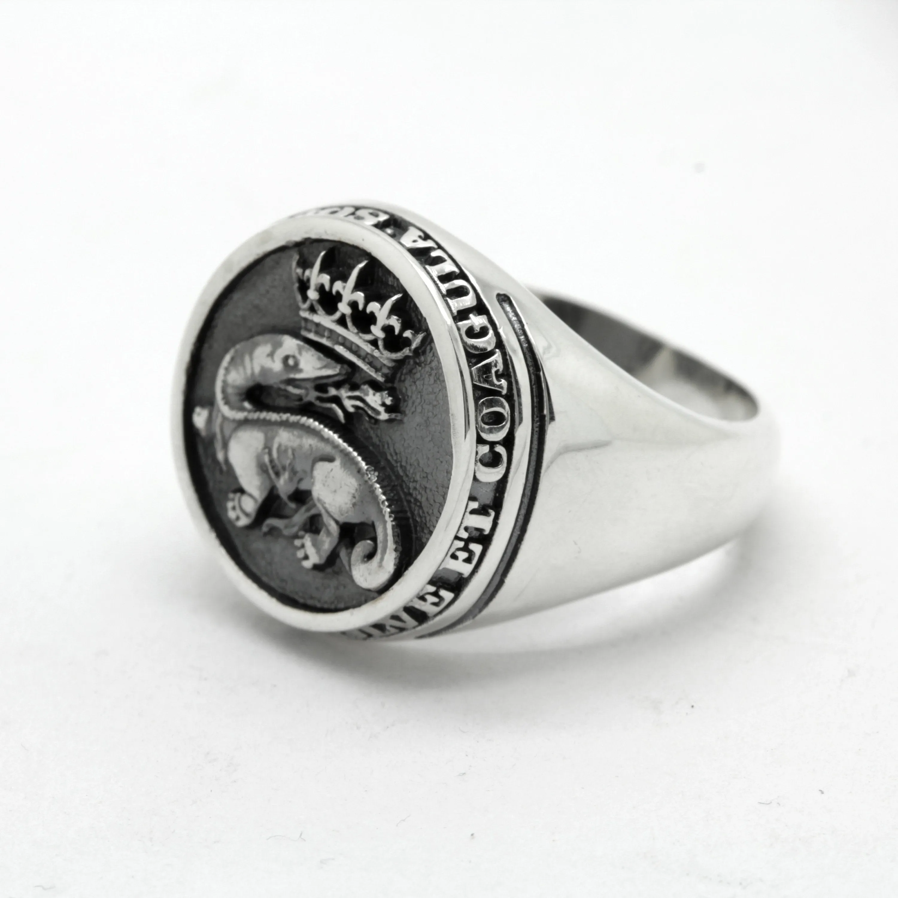 Salamander Breath Fire with Crown, Solve et Coagula, Alchemy Ring Occult Signet Mens Ring Silver 925