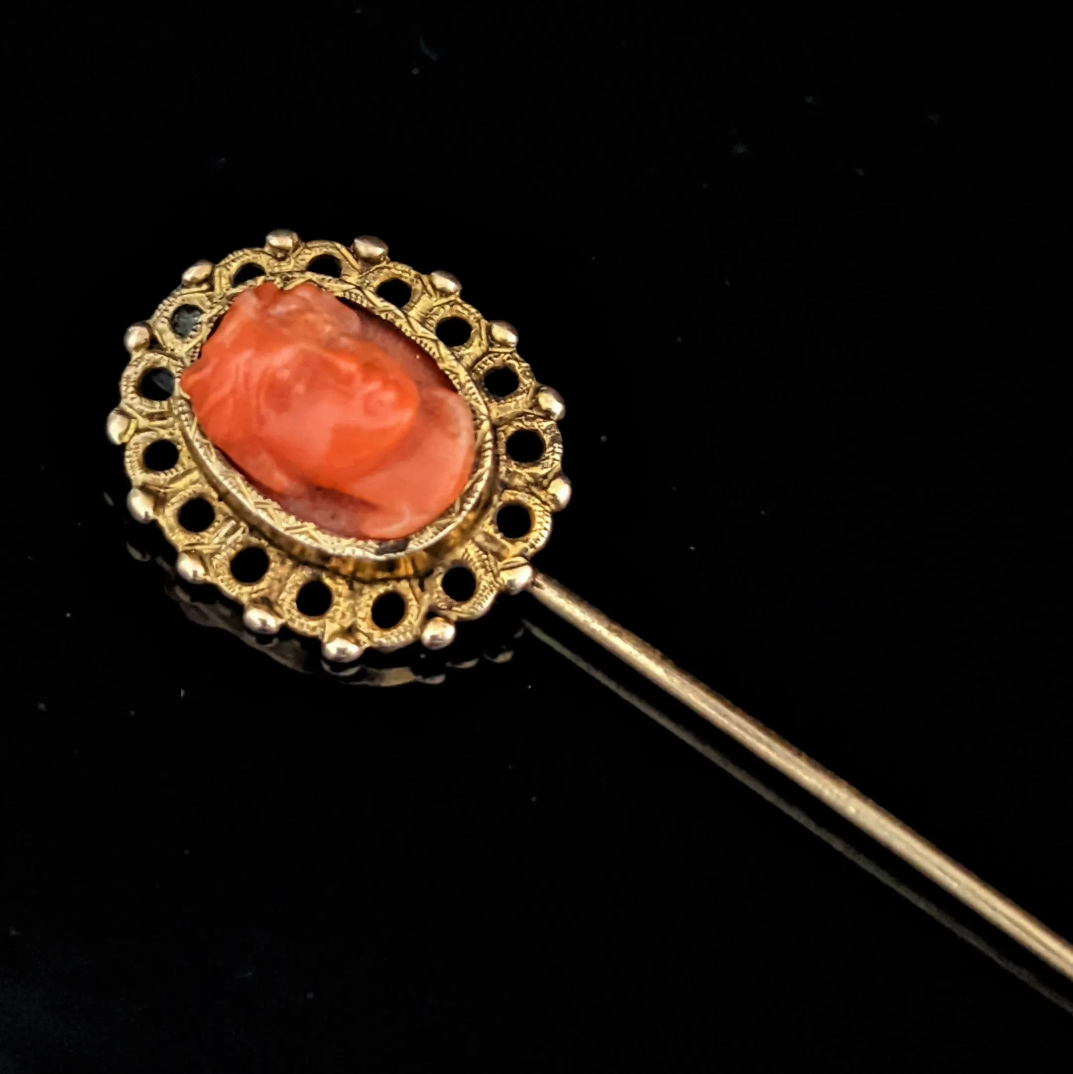 The Amalfi - Victorian Carved Coral Cameo Gold Stick Pin