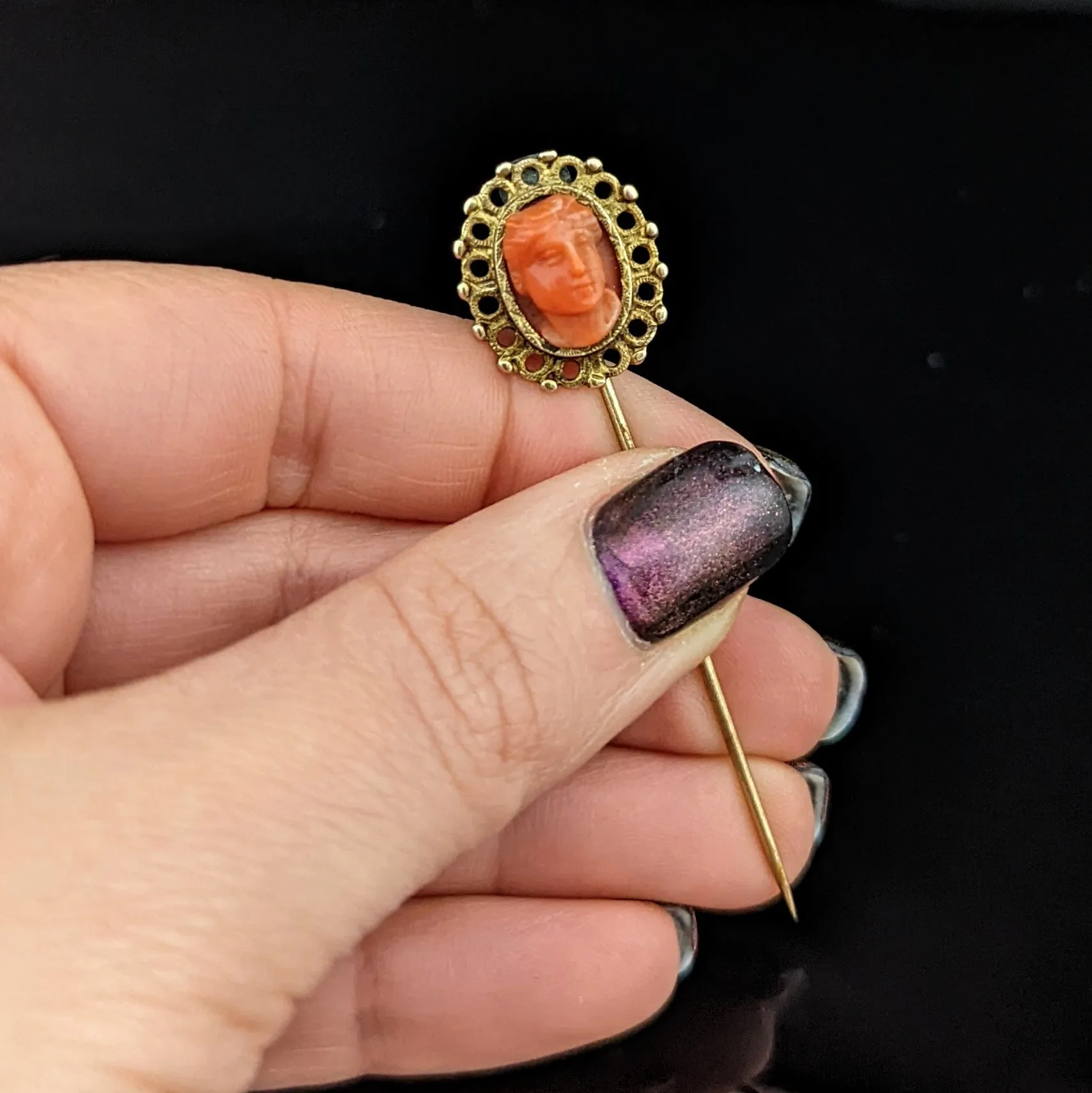 The Amalfi - Victorian Carved Coral Cameo Gold Stick Pin