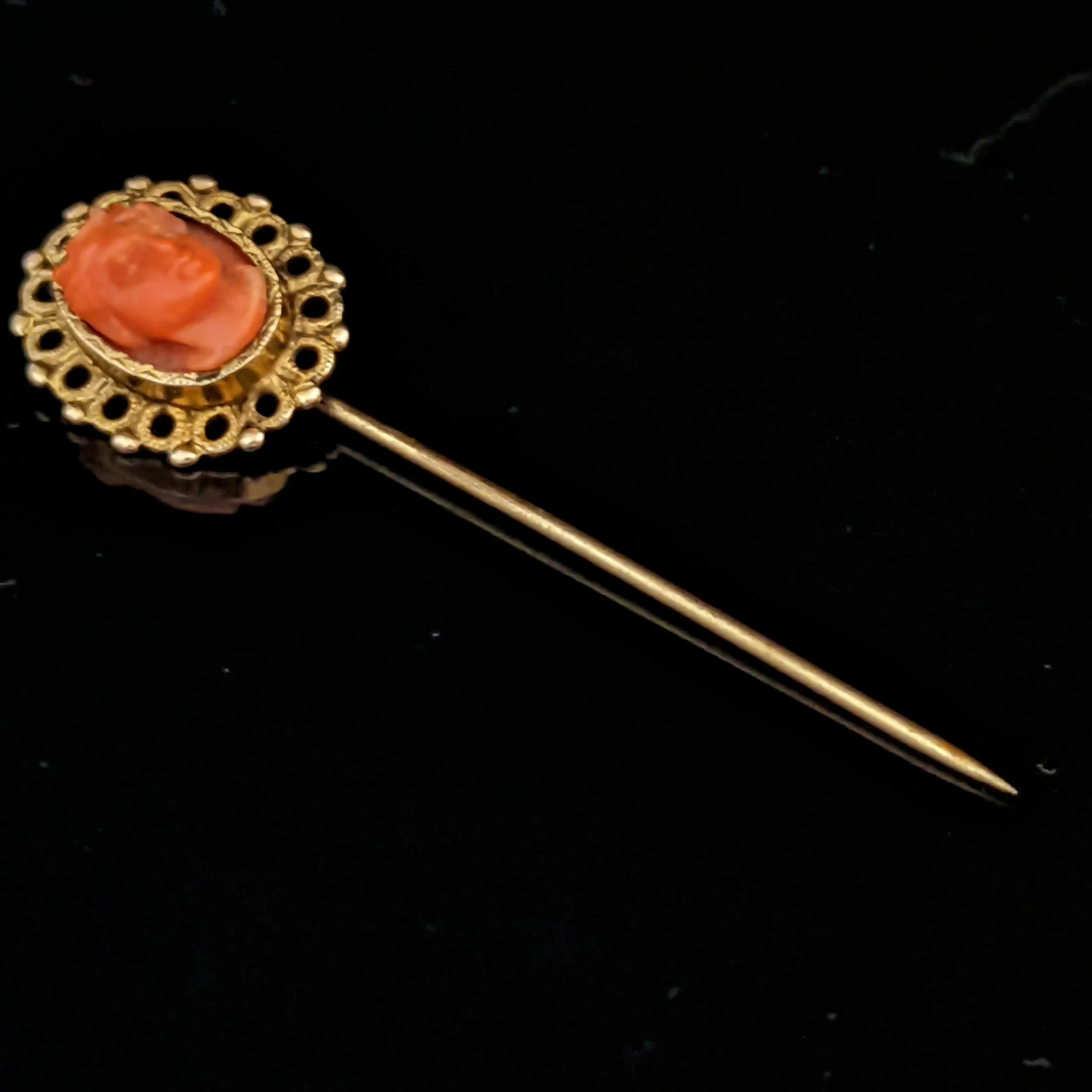 The Amalfi - Victorian Carved Coral Cameo Gold Stick Pin