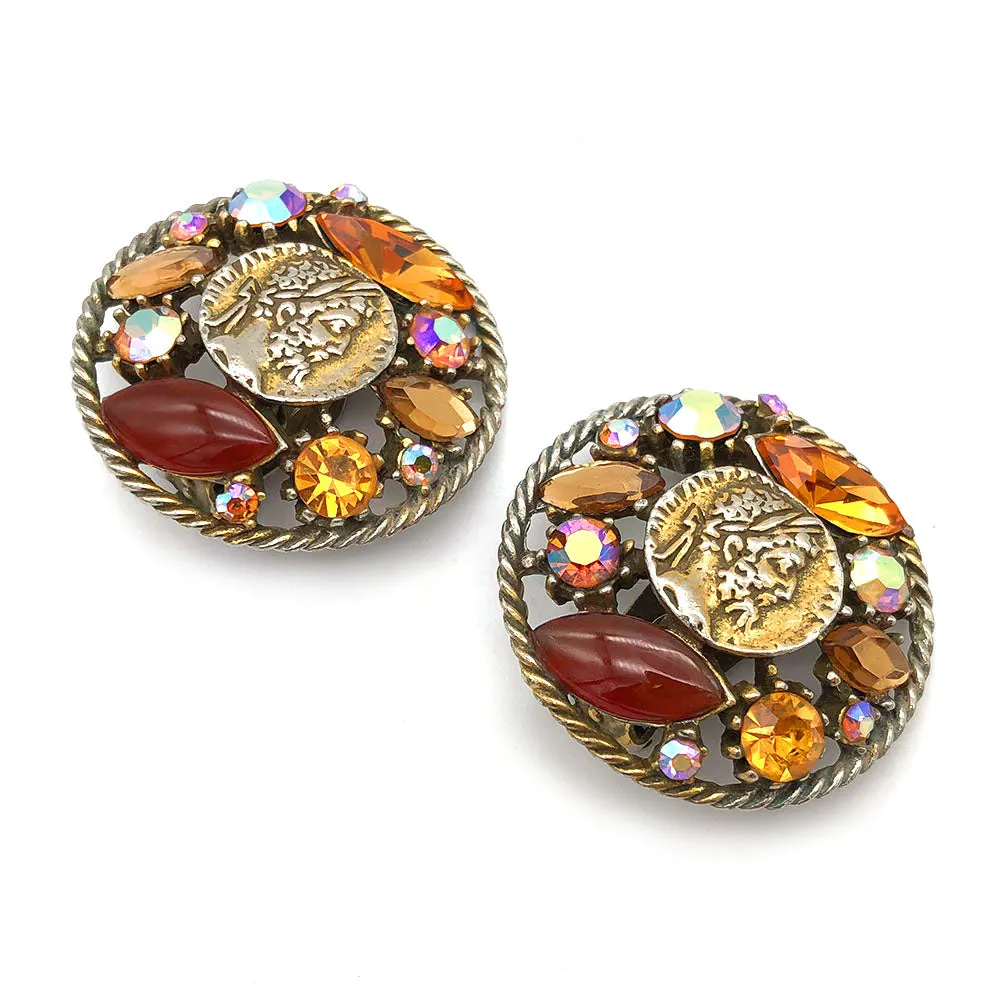 【USA輸入】ヴィンテージ ART コイン トパーズ ラインストーン イヤリング/Vintage ART Coin Topaz Rhinestones Clip On Earrings