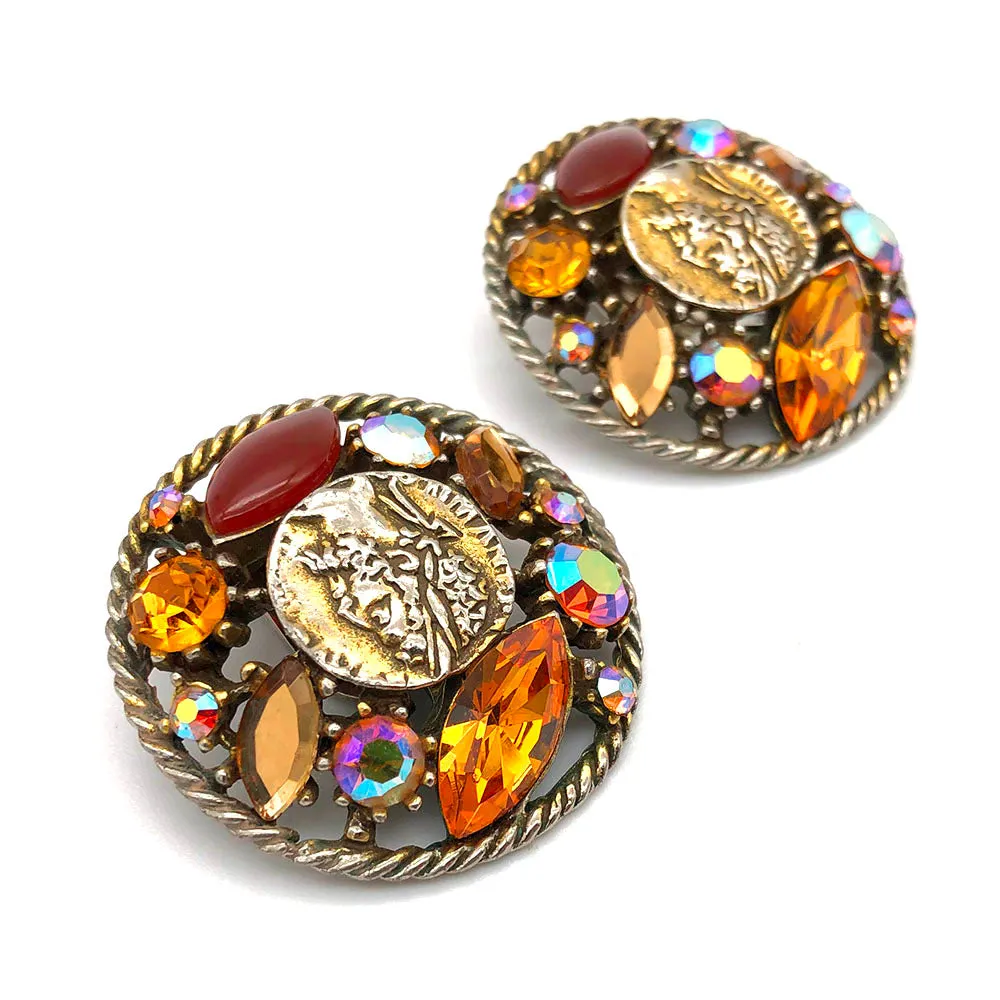 【USA輸入】ヴィンテージ ART コイン トパーズ ラインストーン イヤリング/Vintage ART Coin Topaz Rhinestones Clip On Earrings