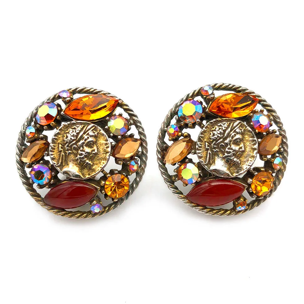 【USA輸入】ヴィンテージ ART コイン トパーズ ラインストーン イヤリング/Vintage ART Coin Topaz Rhinestones Clip On Earrings