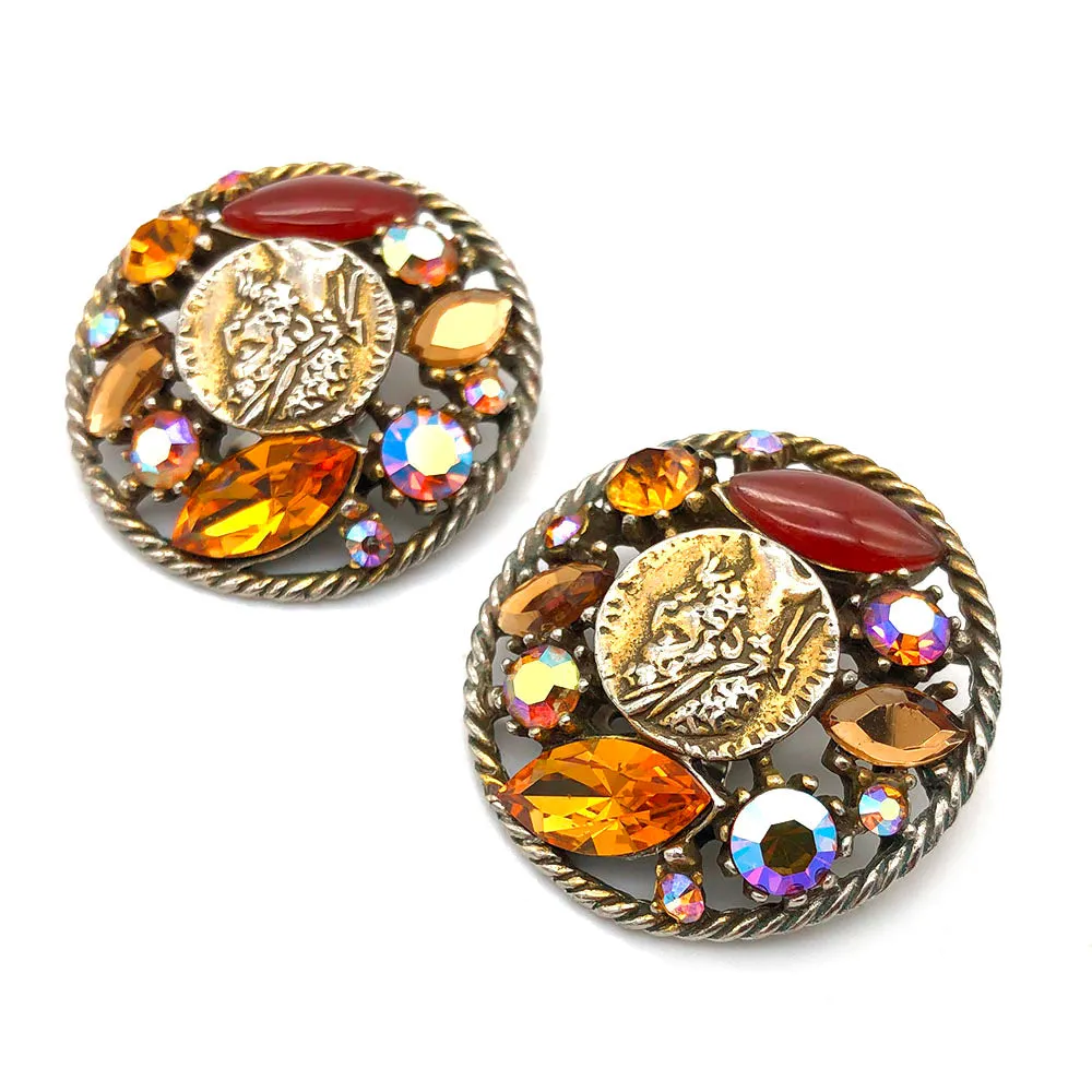 【USA輸入】ヴィンテージ ART コイン トパーズ ラインストーン イヤリング/Vintage ART Coin Topaz Rhinestones Clip On Earrings