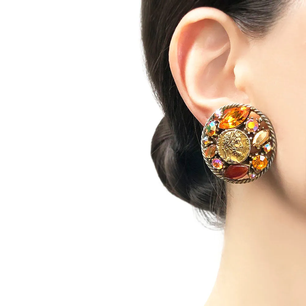 【USA輸入】ヴィンテージ ART コイン トパーズ ラインストーン イヤリング/Vintage ART Coin Topaz Rhinestones Clip On Earrings