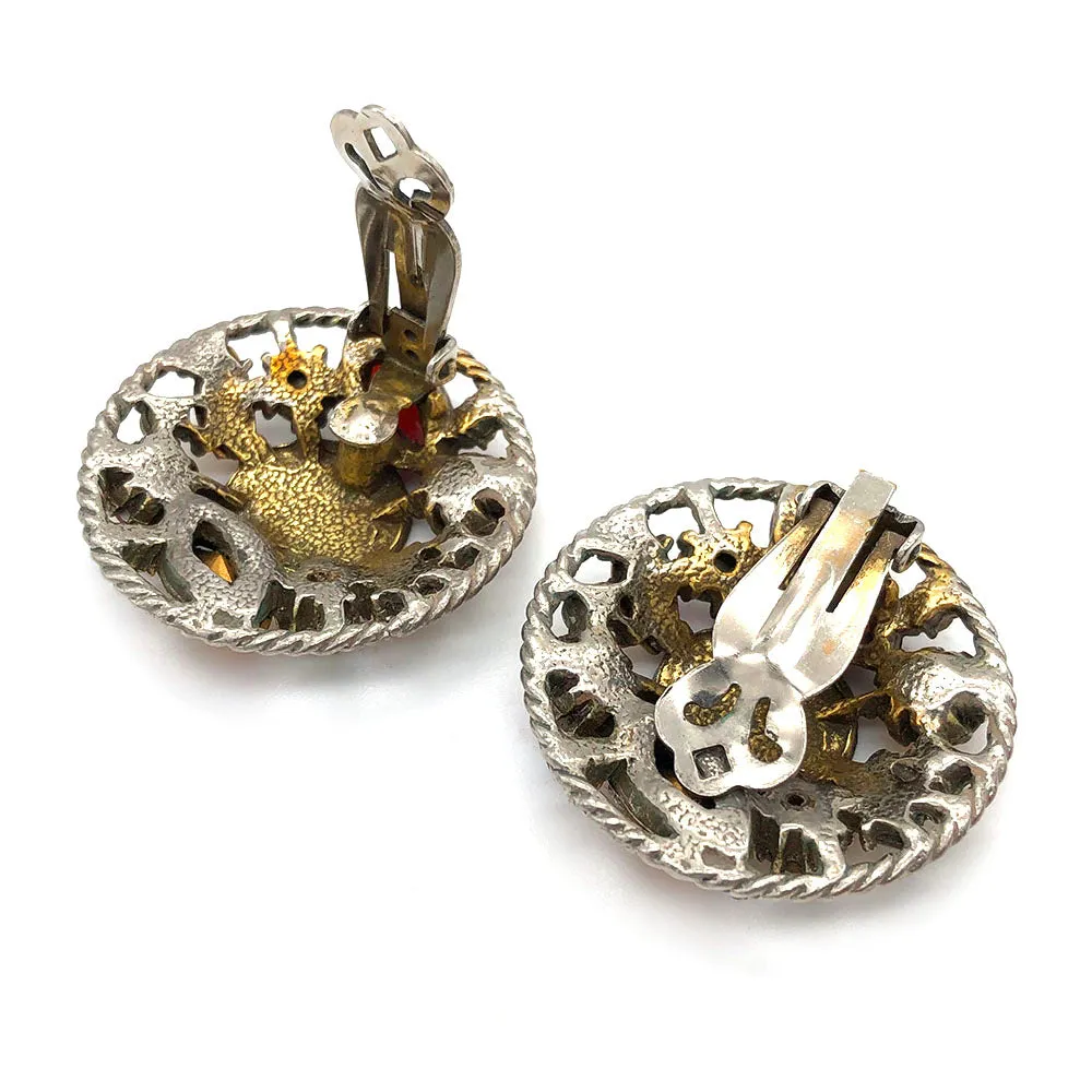 【USA輸入】ヴィンテージ ART コイン トパーズ ラインストーン イヤリング/Vintage ART Coin Topaz Rhinestones Clip On Earrings