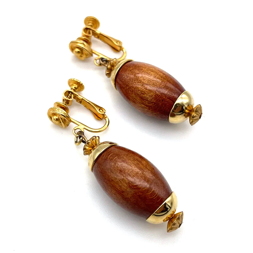 【USA輸入】ヴィンテージ HOBE ウッドビーズ イヤリング/Vintage HOBE Wood Beads Clip On Earrings