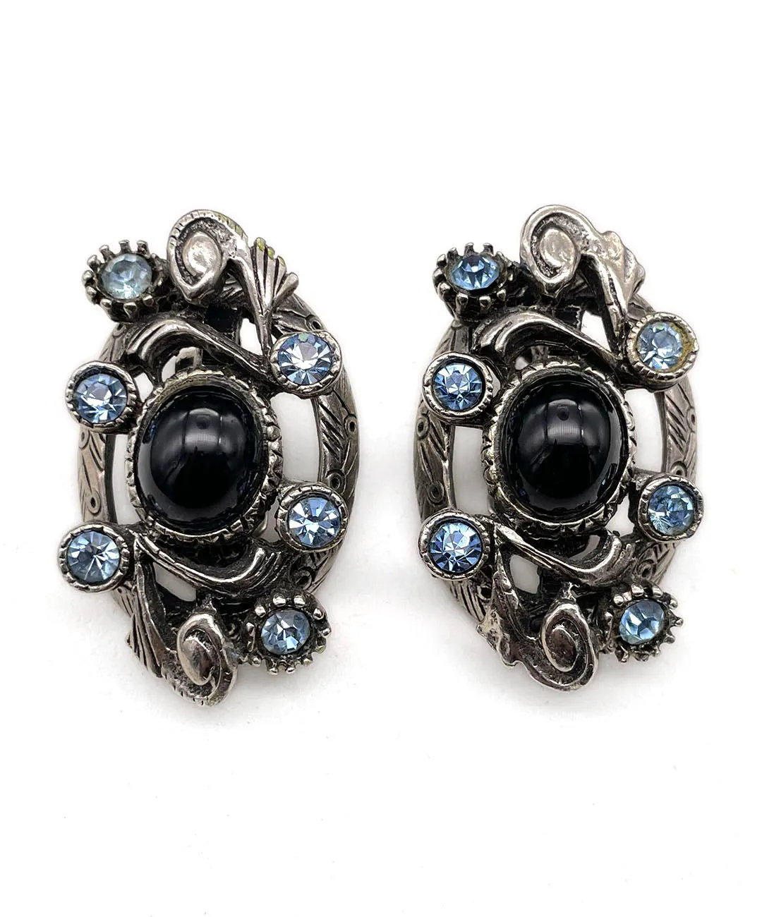 【USA輸入】ヴィンテージ SELRO ブラックカボション ブルー ビジュー イヤリング/Vintage SELRO Black Cabochon Blue Bijou Clip On Earrings