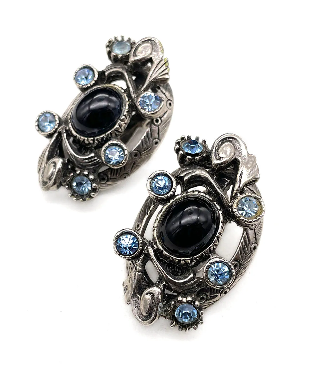 【USA輸入】ヴィンテージ SELRO ブラックカボション ブルー ビジュー イヤリング/Vintage SELRO Black Cabochon Blue Bijou Clip On Earrings