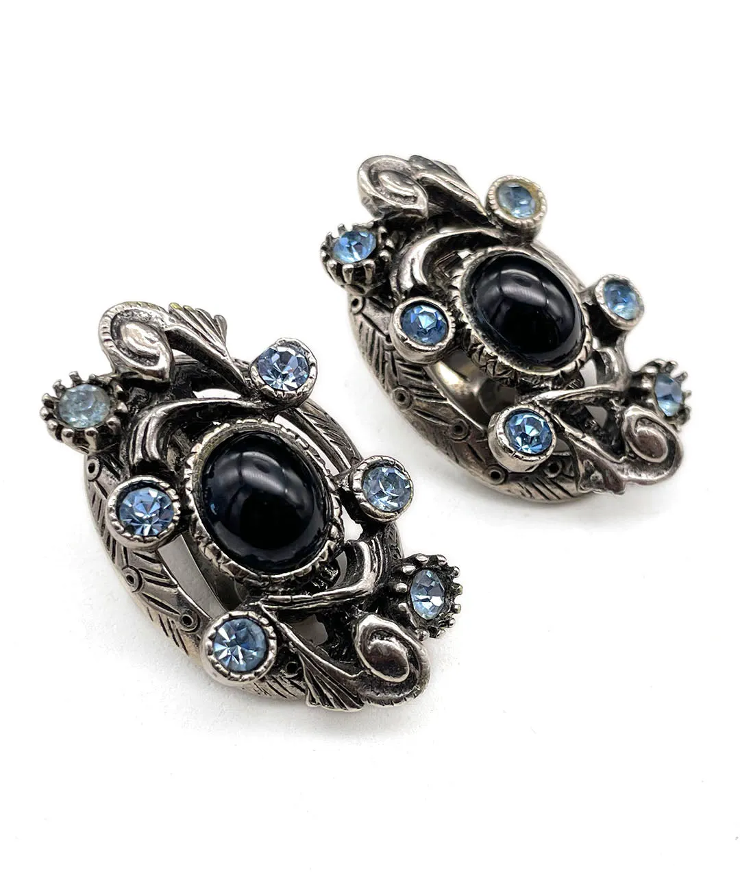 【USA輸入】ヴィンテージ SELRO ブラックカボション ブルー ビジュー イヤリング/Vintage SELRO Black Cabochon Blue Bijou Clip On Earrings