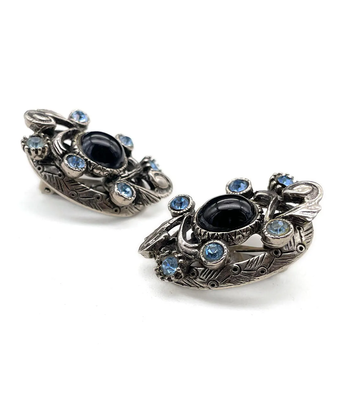 【USA輸入】ヴィンテージ SELRO ブラックカボション ブルー ビジュー イヤリング/Vintage SELRO Black Cabochon Blue Bijou Clip On Earrings