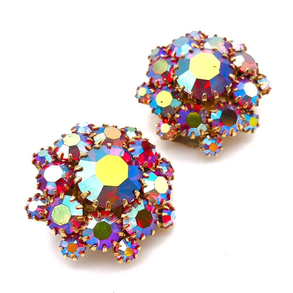 【USA輸入】ヴィンテージ レッド オーロラ ラインストーン イヤリング/Vintage Red Aurora Rhinestones Clip On Earrings