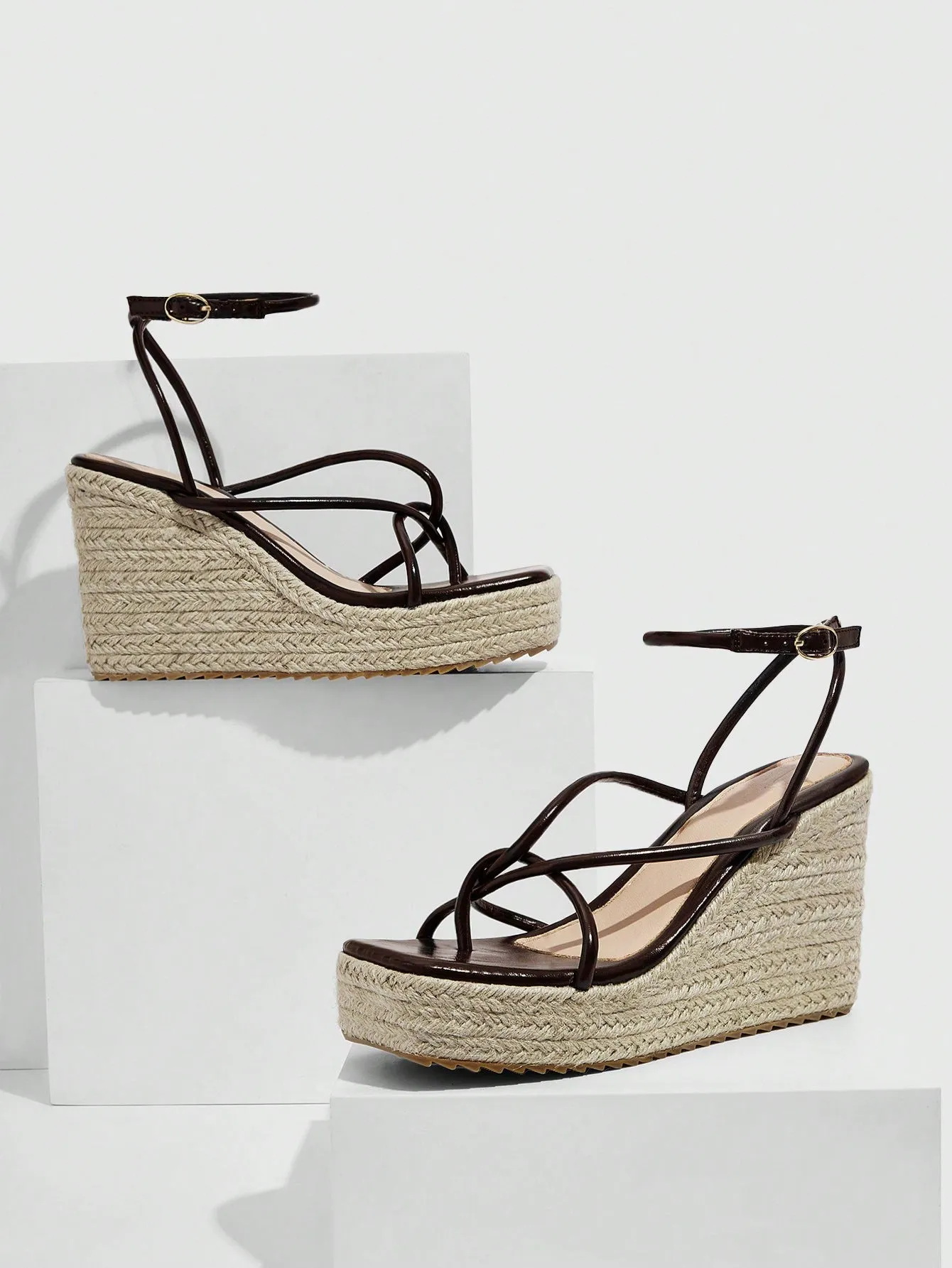 Vacation Brown Ankle Strap Sandals For Women, Twist Decor Espadrille Sandals