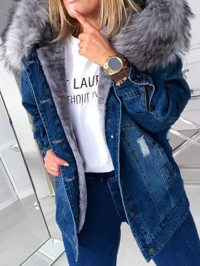 Women's Denim Jacket with Detachable Hood and Faux Fur Trim